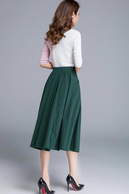 Forest Green Flared Midi Skirt - Swing A-Line Silhouette 1687