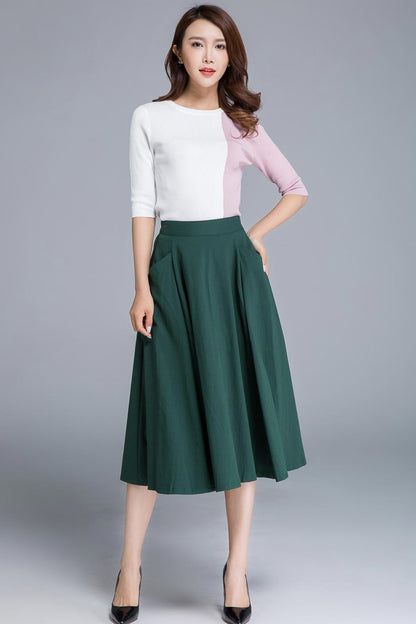 Forest Green Flared Midi Skirt - Swing A-Line Silhouette 1687