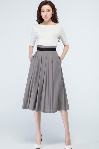 Pleated waist A line midi skirt 1691#