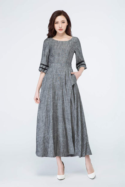 Grey Linen Maxi Dress - Tiered & Elbow Sleeve 1698