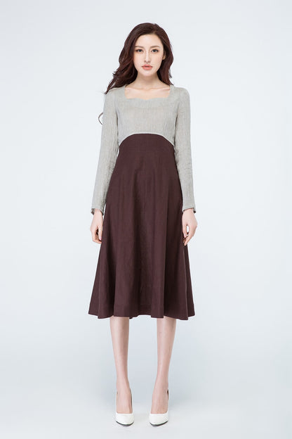 Grey and Brown Colorblock Midi Dress - Long Sleeves, Back Zipper 1699