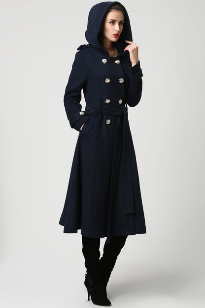 Wool Blend Hooded Swing Coat – Handmade Vintage Military Elegance 0705#