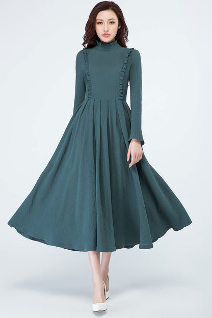 Maxi Dress in Cotton Linen Blend - Long Sleeve, Retro High Waist 1701