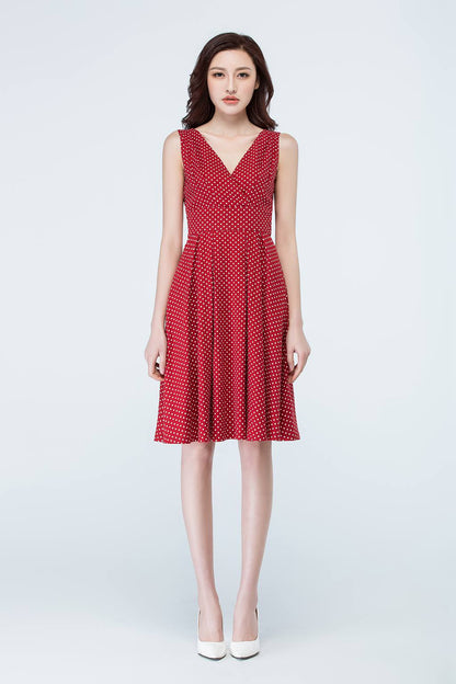 Red Chiffon Knee-Length Dress - Sleeveless V-Neck Polka Dot 1706