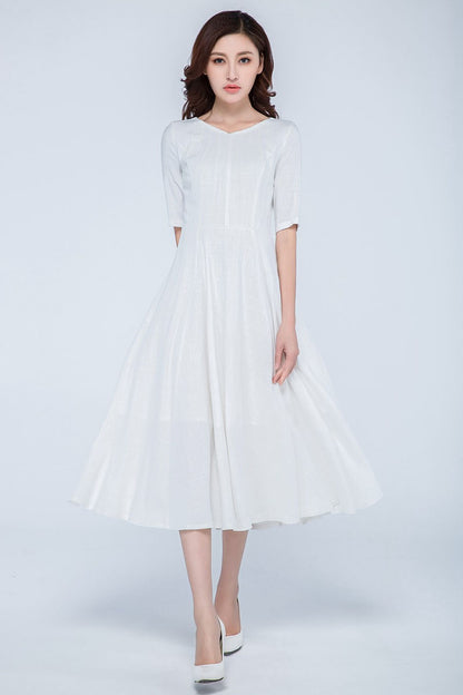 White Linen Tea Length Dress - Corset Fitted, Pleated V-Neckline 1740