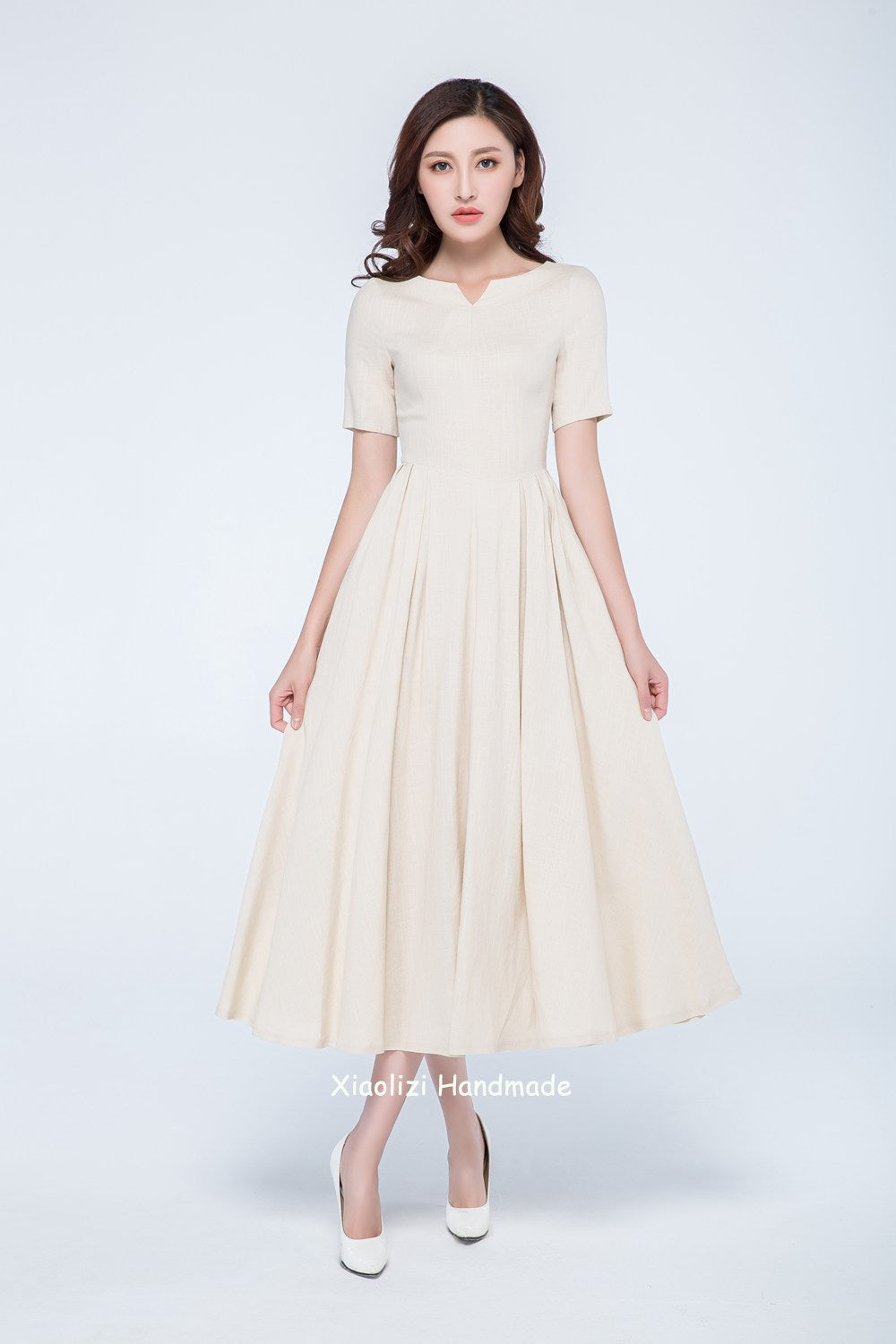 Cream Linen Dress with Pleated Midi Skirt