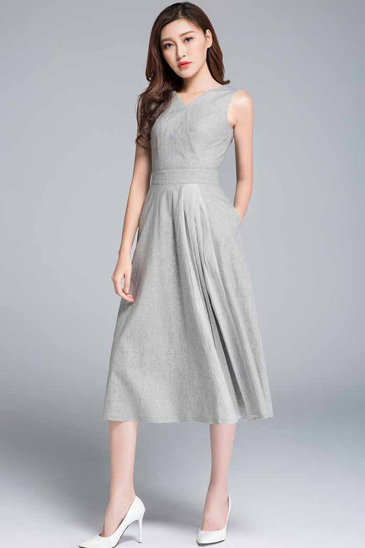 Gray linen fit and flare dress #1761