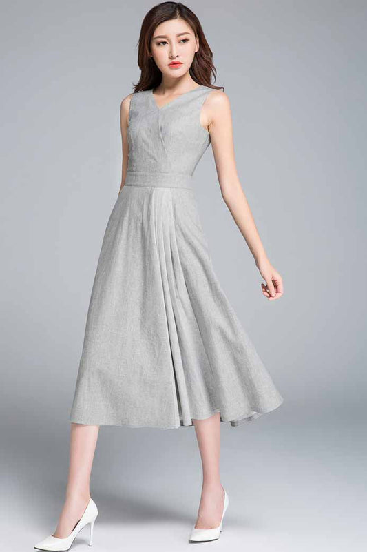 Gray linen fit and flare dress #1761