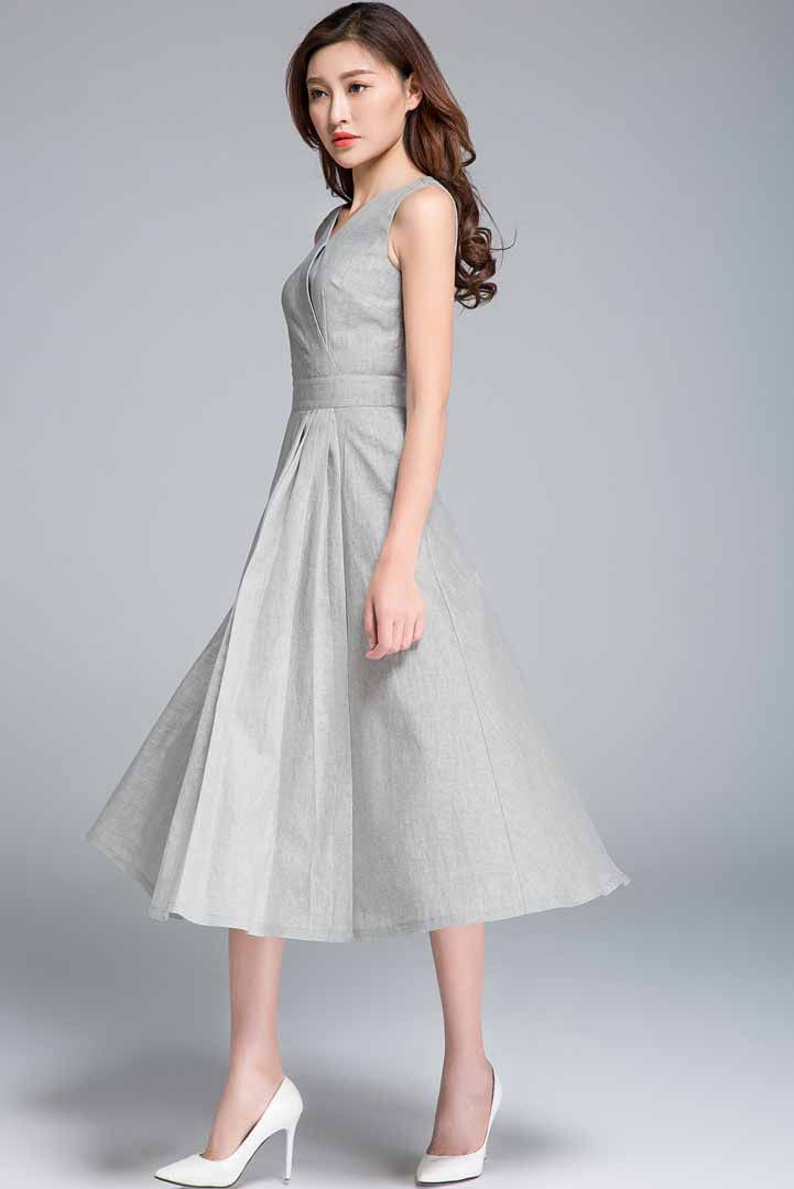 Gray linen fit and flare dress #1761