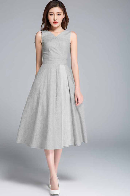 Gray linen fit and flare dress #1761
