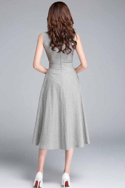 Gray linen fit and flare dress #1761