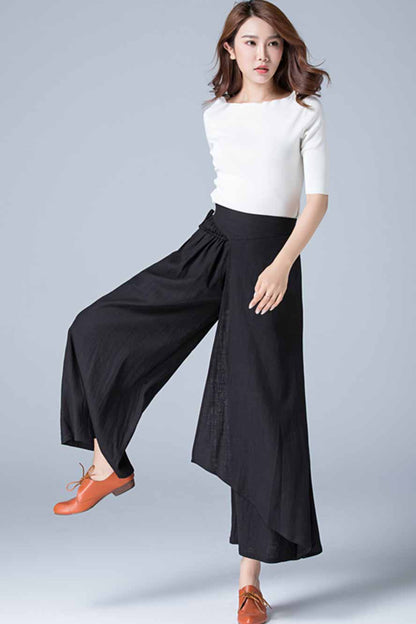 Black Linen Wide Leg Wrap Pants – Skirt Style Cotton Linen Palazzo 1771