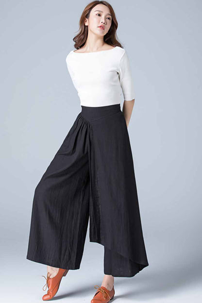 Black Linen Wide Leg Wrap Pants – Skirt Style Cotton Linen Palazzo 1771