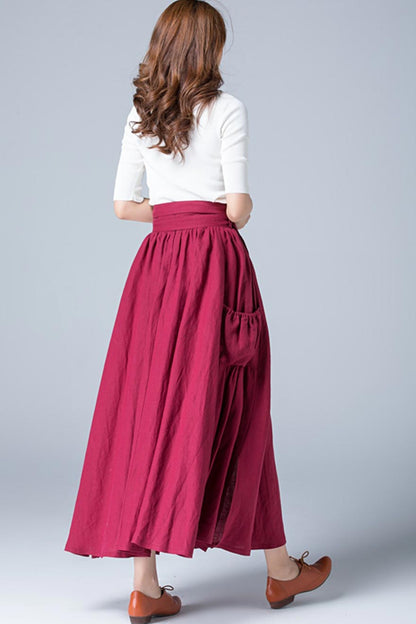 Wine Red Linen Maxi Skirt - Pleated with Wide Banded Waist 1772