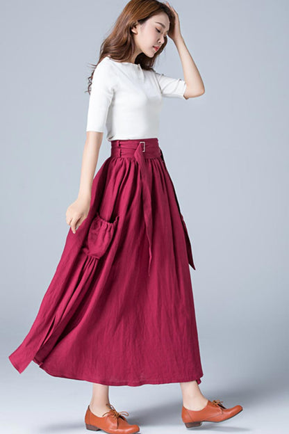 Wine Red Linen Maxi Skirt - Pleated with Wide Banded Waist 1772