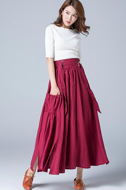 Wine Red Linen Maxi Skirt - Pleated with Wide Banded Waist 1772