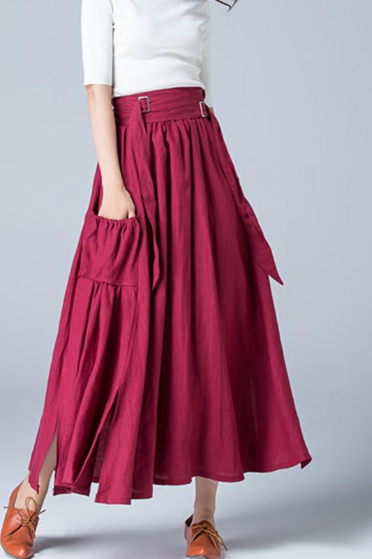 wine red skirt, linen skirt, maxi skirt 1772#