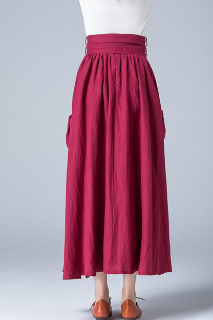 Wine Red Linen Maxi Skirt - Pleated with Wide Banded Waist 1772