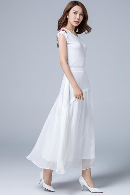 White Linen Maxi Skirt - Layered Boho with Banded Waist 1781