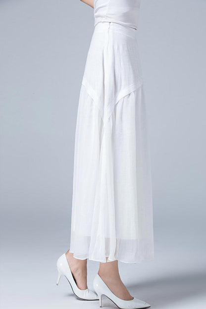 White Linen Maxi Skirt - Layered Boho with Banded Waist 1781
