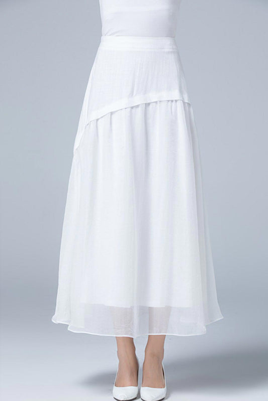 white layered maxi linen skirt 1781#
