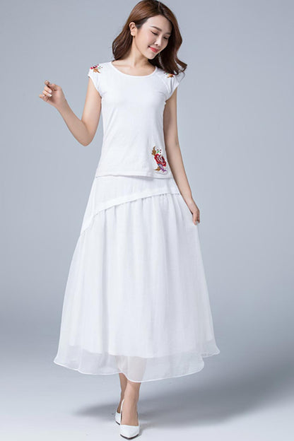 White Linen Maxi Skirt - Layered Boho with Banded Waist 1781