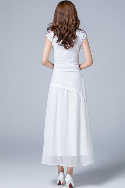 White Linen Maxi Skirt - Layered Boho with Banded Waist 1781