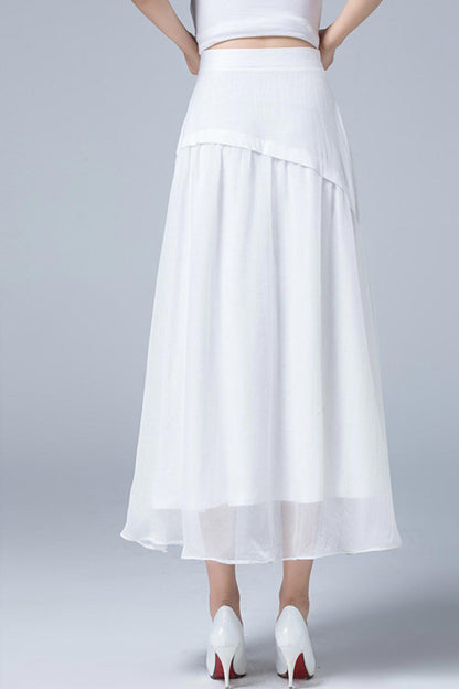 White Linen Maxi Skirt - Layered Boho with Banded Waist 1781