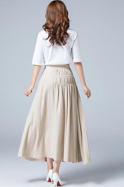 Beige Linen Maxi Skirt - Pleated Tiered Asymmetrical Design 1782