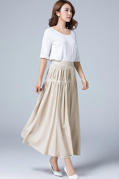 Beige Linen Maxi Skirt - Pleated Tiered Asymmetrical Design 1782