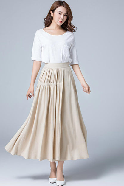 Beige Linen Maxi Skirt - Pleated Tiered Asymmetrical Design 1782