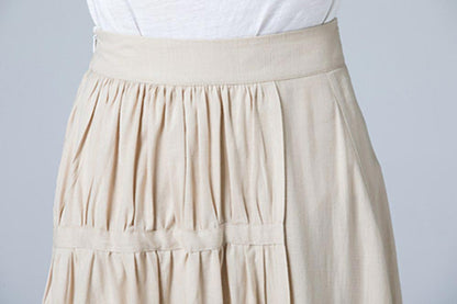 Beige Linen Maxi Skirt - Pleated Tiered Asymmetrical Design 1782