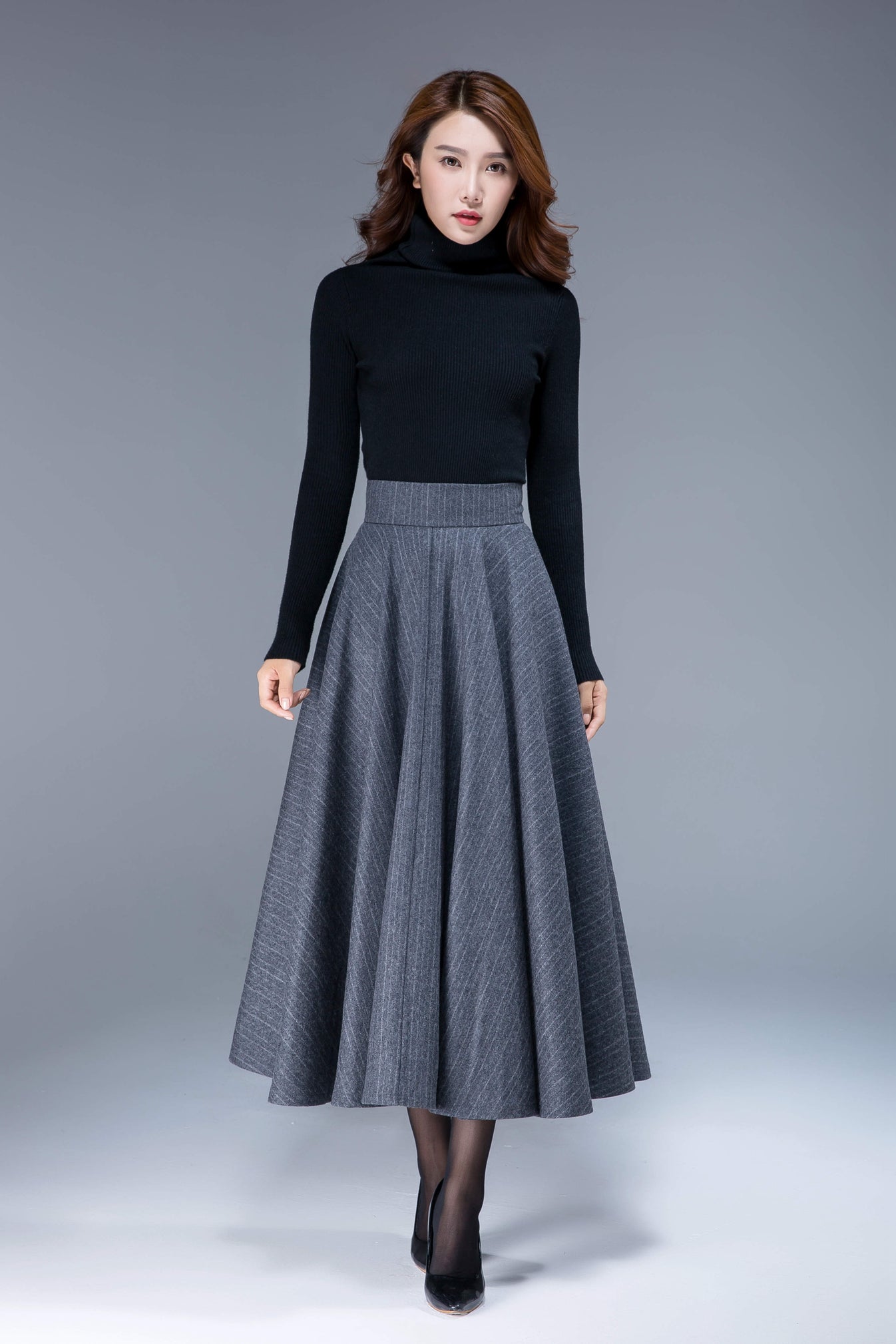 gray wool skirt, wool skirt, striped skirt, swing skirt, maxi skirt, f ...