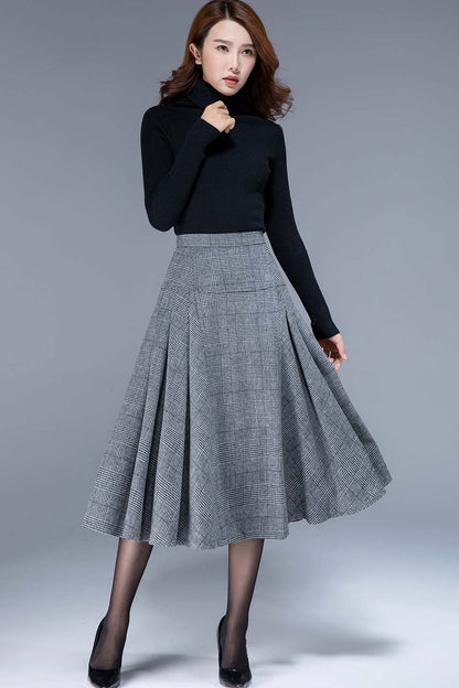 Gray Wool Midi Skirt - Pleated High Waist A-Line 1794