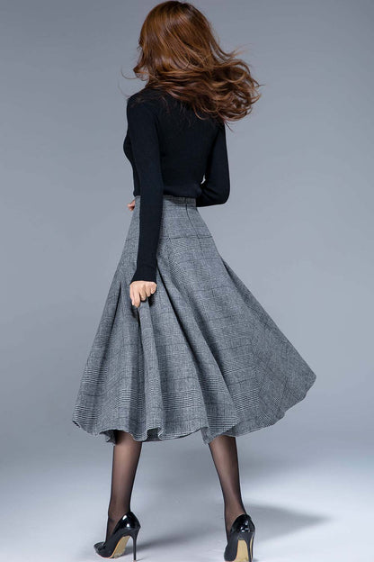 Gray Wool Midi Skirt - Pleated High Waist A-Line 1794