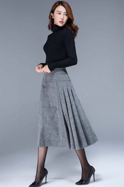 Gray Wool Midi Skirt - Pleated High Waist A-Line 1794