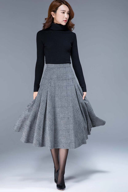 Gray Wool Midi Skirt - Pleated High Waist A-Line 1794