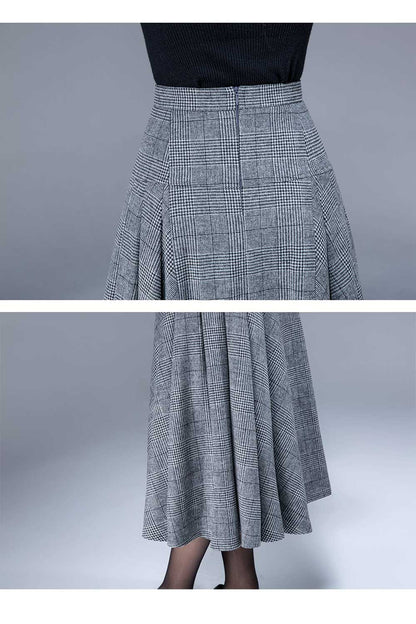 Gray Wool Midi Skirt - Pleated High Waist A-Line 1794