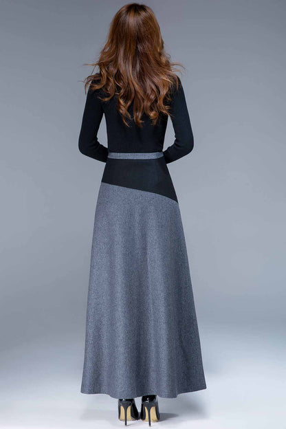 Gray Wool Maxi Skirt - Patchwork A-Line Silhouette 1795