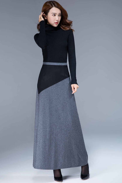 Gray Wool Maxi Skirt - Patchwork A-Line Silhouette 1795