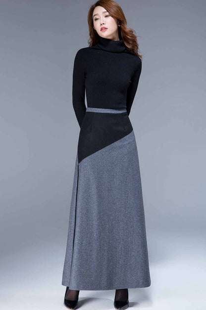 Gray Wool Maxi Skirt - Patchwork A-Line Silhouette 1795