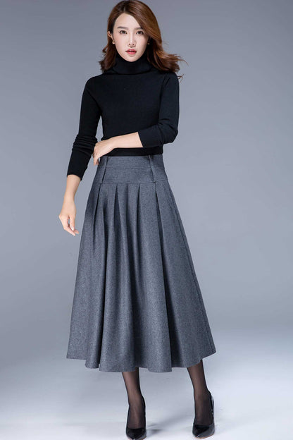 Wool Midi Skirt – Vintage High Waist Pleated Winter Skirt with Pockets 1796