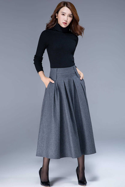 Wool Midi Skirt – Vintage High Waist Pleated Winter Skirt with Pockets 1796