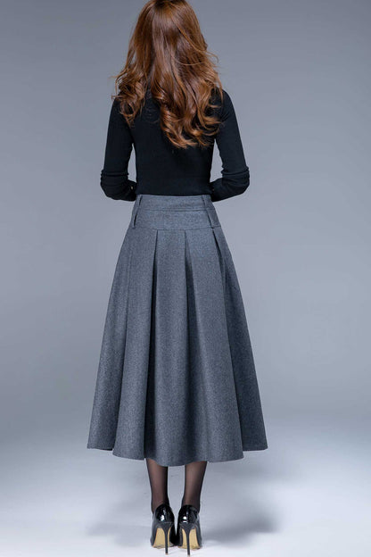 Wool Midi Skirt – Vintage High Waist Pleated Winter Skirt with Pockets 1796