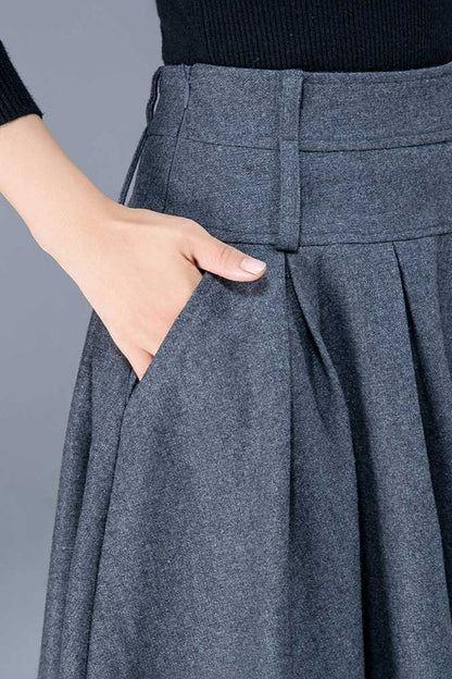 Wool Midi Skirt – Vintage High Waist Pleated Winter Skirt with Pockets 1796