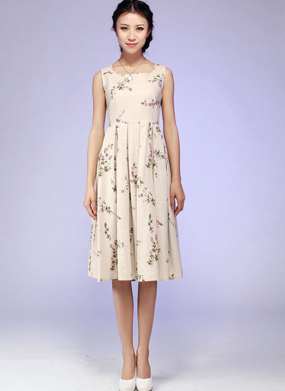 Beige Floral Linen Dress - Square Neckline, Pleated Midi Skirt 579