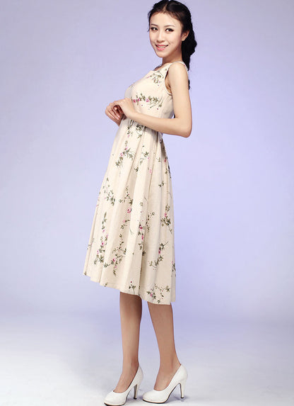 Beige Floral Linen Dress - Square Neckline, Pleated Midi Skirt 579