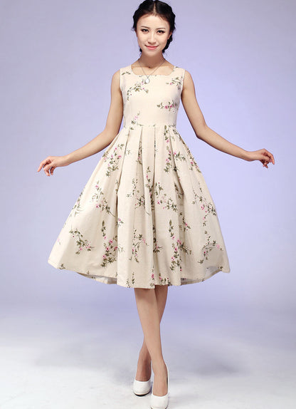 Beige Floral Linen Dress - Square Neckline, Pleated Midi Skirt 579