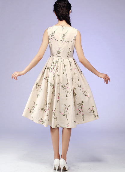 Beige Floral Linen Dress - Square Neckline, Pleated Midi Skirt 579
