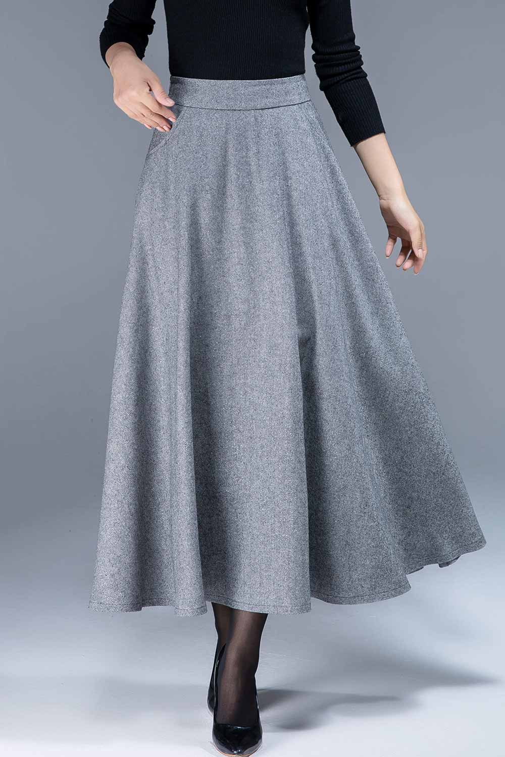 gray wool skirt, a line skirt, classic skirt, elegant skirt, skirt with pockets 1805#